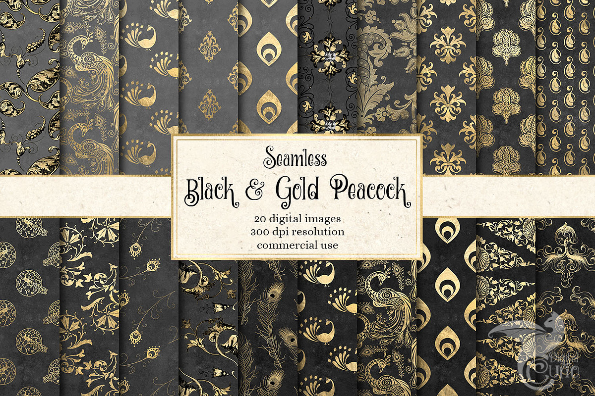 Black and Gold Peacock Digital Paper in Patterns - product preview 8
