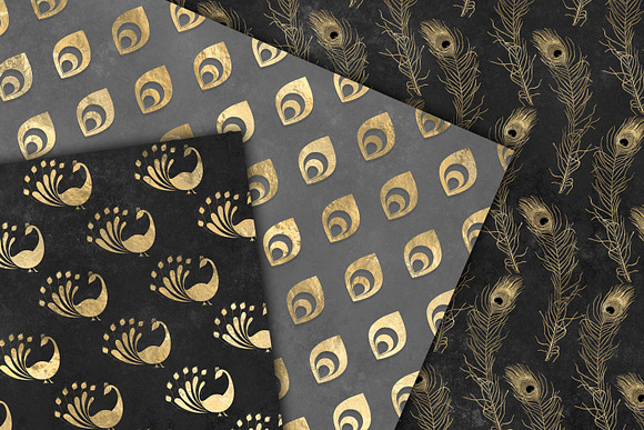 Black and Gold Peacock Digital Paper in Patterns - product preview 2