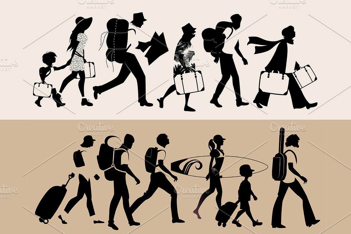 Silhouettes of tourists walking in Illustrations - product preview 8
