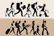 Silhouettes of tourists walking