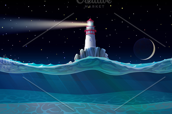 vector Lighthouse in ocean night
