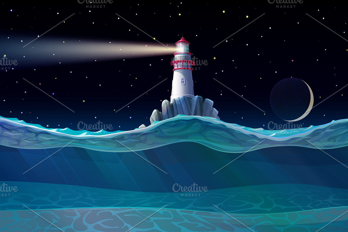 vector Lighthouse in ocean night in Illustrations - product preview 8