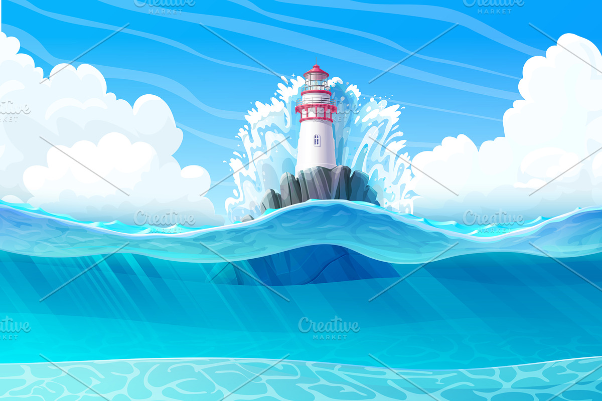 vector Lighthouse in ocean view in Illustrations - product preview 8