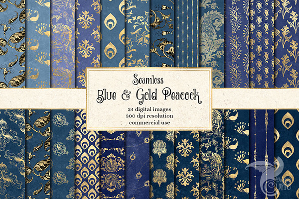 Blue and Gold Peacock Digital Paper