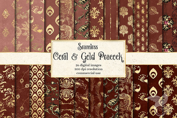 Coral & Gold Peacock Digital Paper