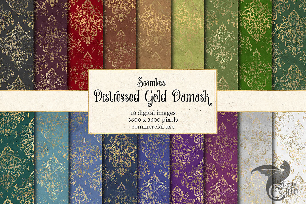 Distressed Gold Damask Digital Paper in Patterns - product preview 8