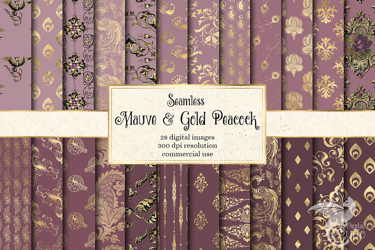 Mauve and Gold Peacock Digital Paper in Patterns - product preview 8