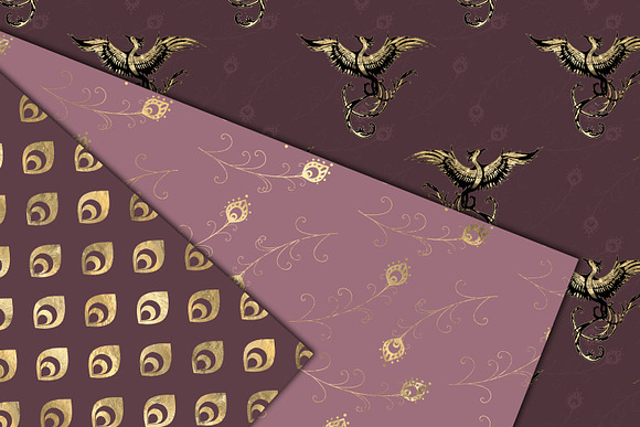 Mauve and Gold Peacock Digital Paper in Patterns - product preview 1
