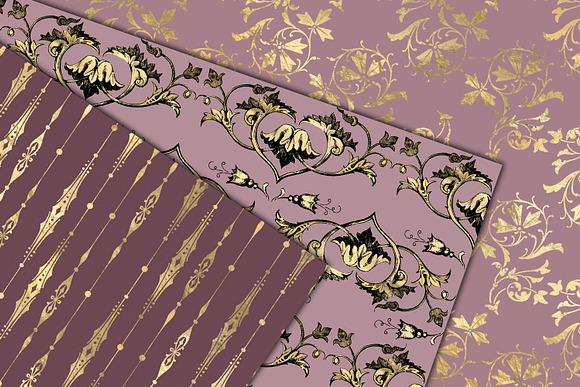 Mauve and Gold Peacock Digital Paper in Patterns - product preview 2