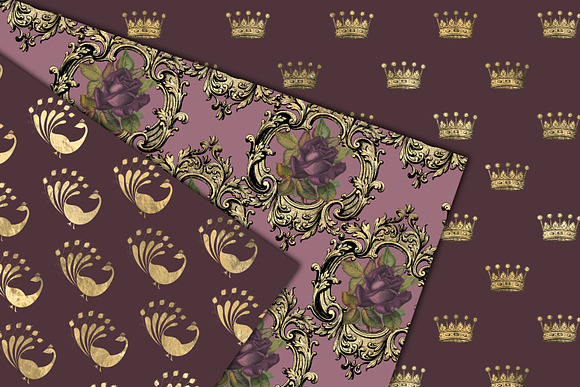 Mauve and Gold Peacock Digital Paper in Patterns - product preview 3
