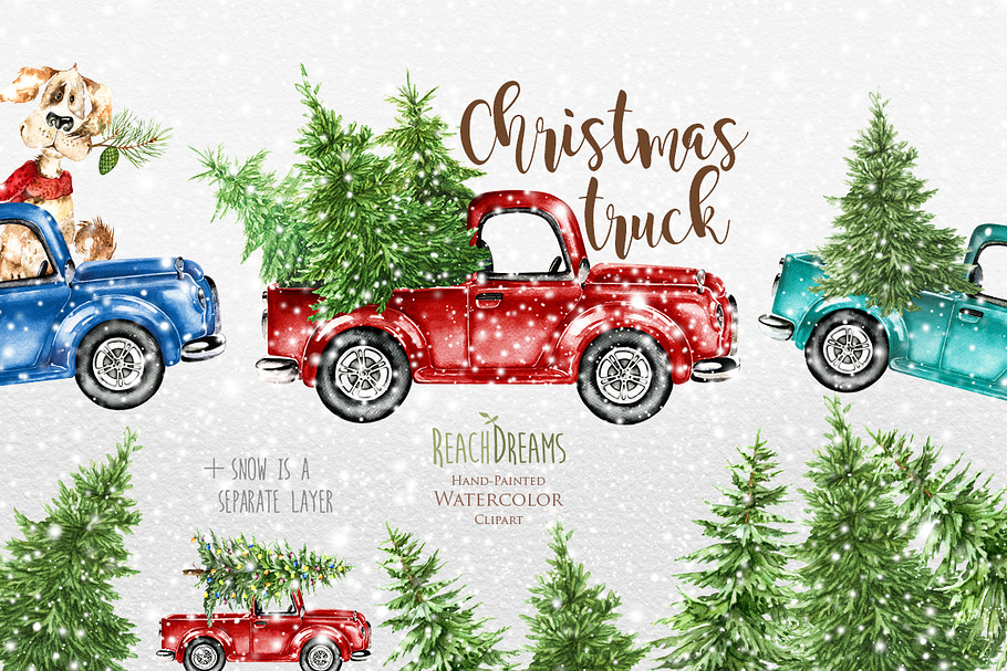 Watercolor Christmas Trucks 