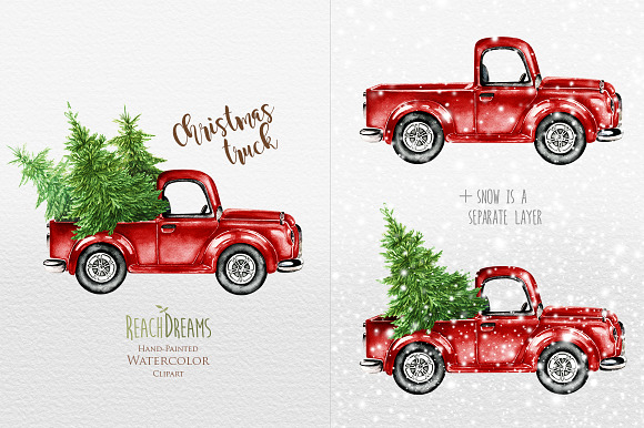 Watercolor Christmas Trucks  in Illustrations - product preview 1