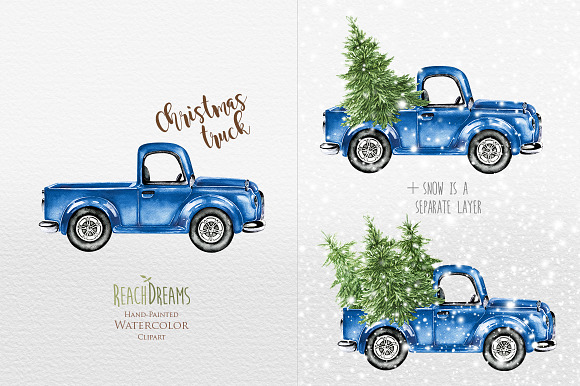 Watercolor Christmas Trucks  in Illustrations - product preview 2