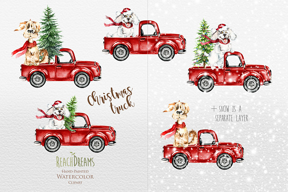 Watercolor Christmas Trucks  in Illustrations - product preview 3