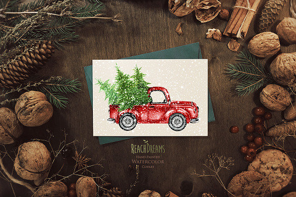 Watercolor Christmas Trucks  in Illustrations - product preview 6