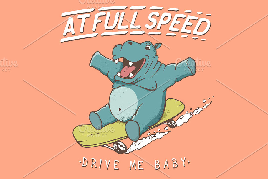 hippopotamus rides on skateboard in Illustrations - product preview 8