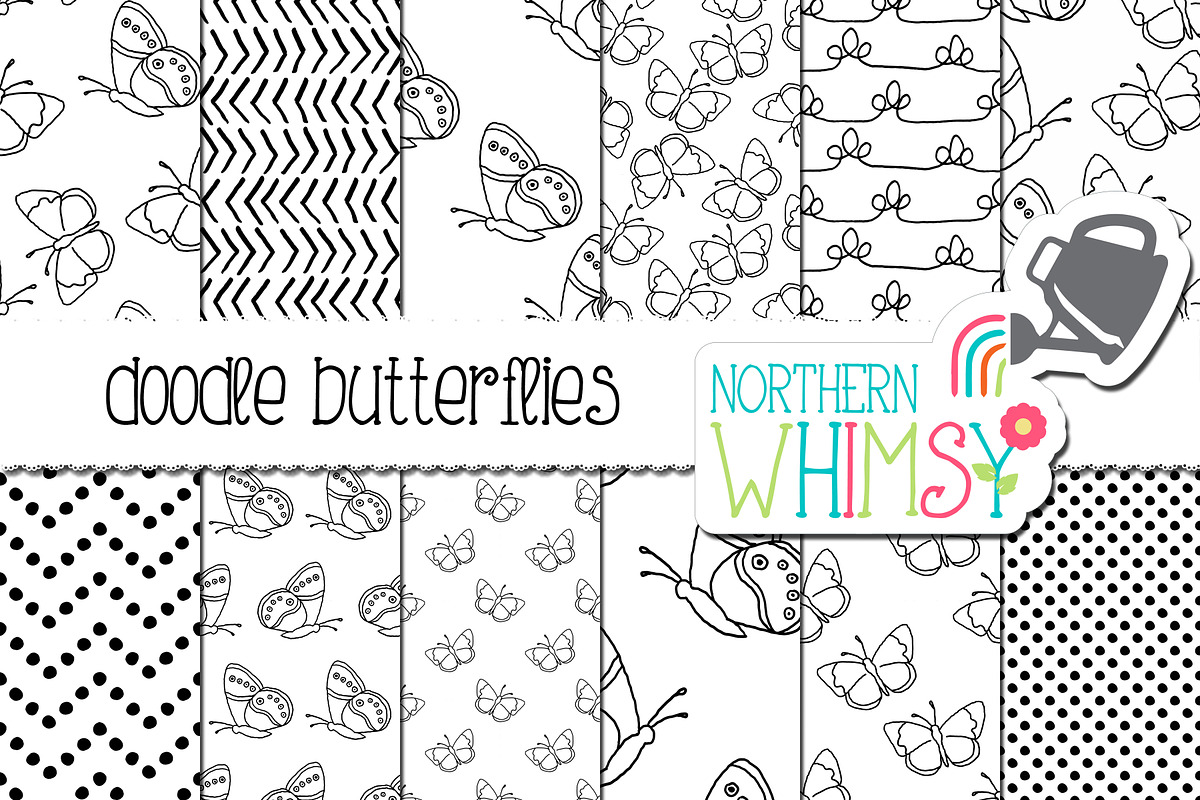 Black and White Doodle Butterflies in Patterns - product preview 8