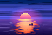 Fishing boat sunset vector