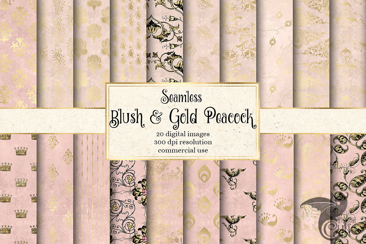 Blush and Gold Peacock Digital Paper in Patterns - product preview 8