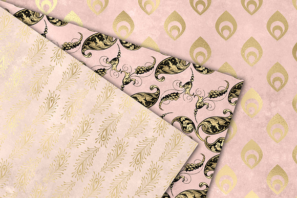 Blush and Gold Peacock Digital Paper in Patterns - product preview 2