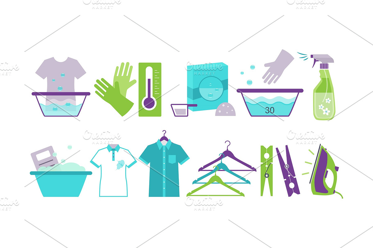 Laundry room icons set, iron, basin in Objects - product preview 8