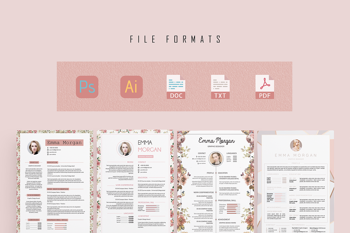 Pink Floral Resume BUNDLE Template M in Resume Templates - product preview 8