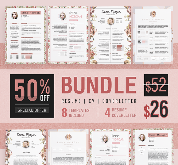 Pink Floral Resume BUNDLE Template M in Resume Templates - product preview 1