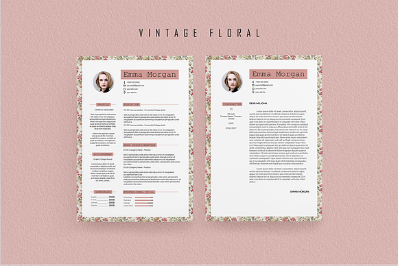 Pink Floral Resume BUNDLE Template M in Resume Templates - product preview 2