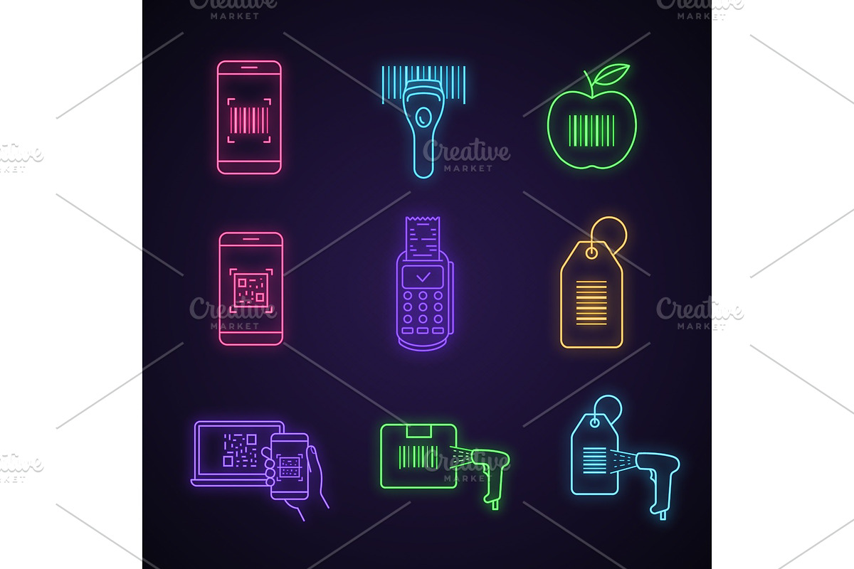 Barcodes neon light icons set in Icons - product preview 8