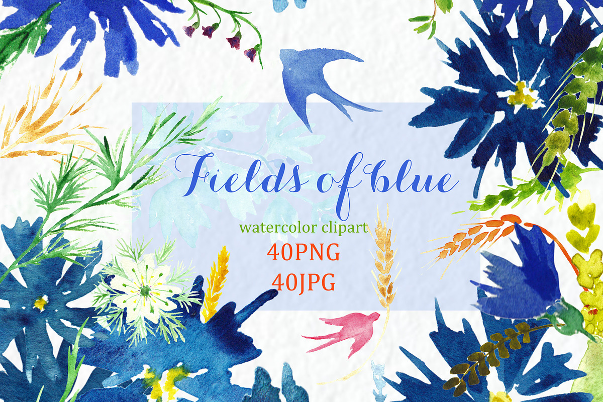 Fields of blue Watercolor clipart in Illustrations - product preview 8