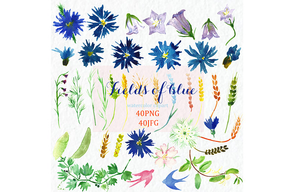 Fields of blue Watercolor clipart in Illustrations - product preview 1