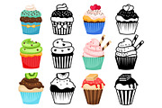 Cupcake colorful and silhouettes set