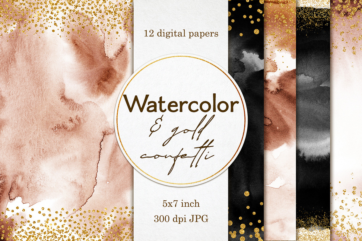 12 Watercolor & Gold confetti papers in Textures - product preview 8