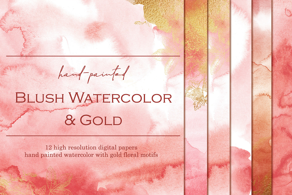 12 Gold & Blush watercolor papers in Textures - product preview 8