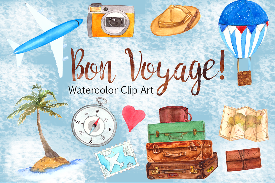 Bon Voyage - Watercolor Clip Art Set in Illustrations - product preview 8