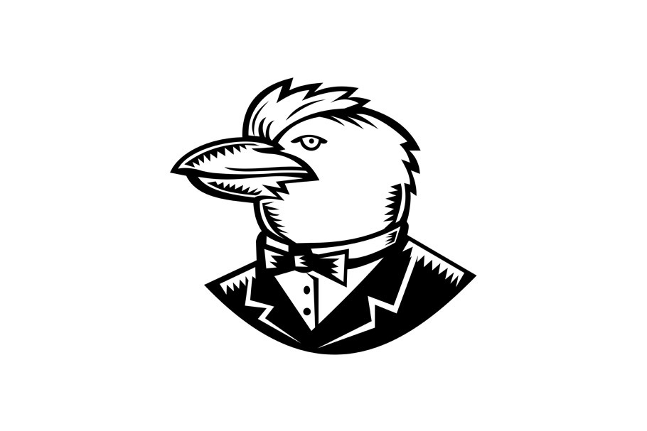 Kookaburra Wearing Tuxedo Woodcut Bl