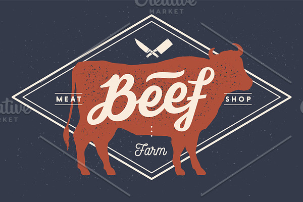 Cow, bull, beef. Vintage lettering
