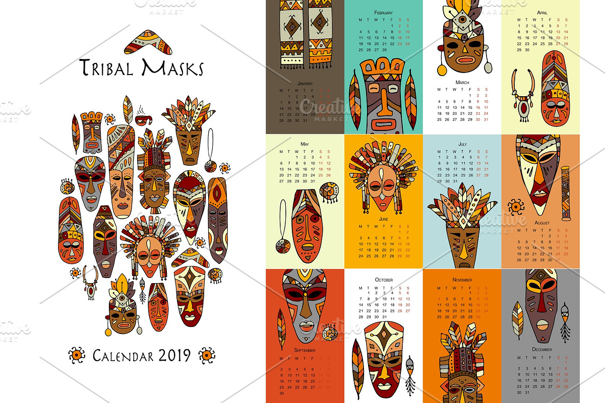 Tribal masks, calendar 2019 design in Textures - product preview 8