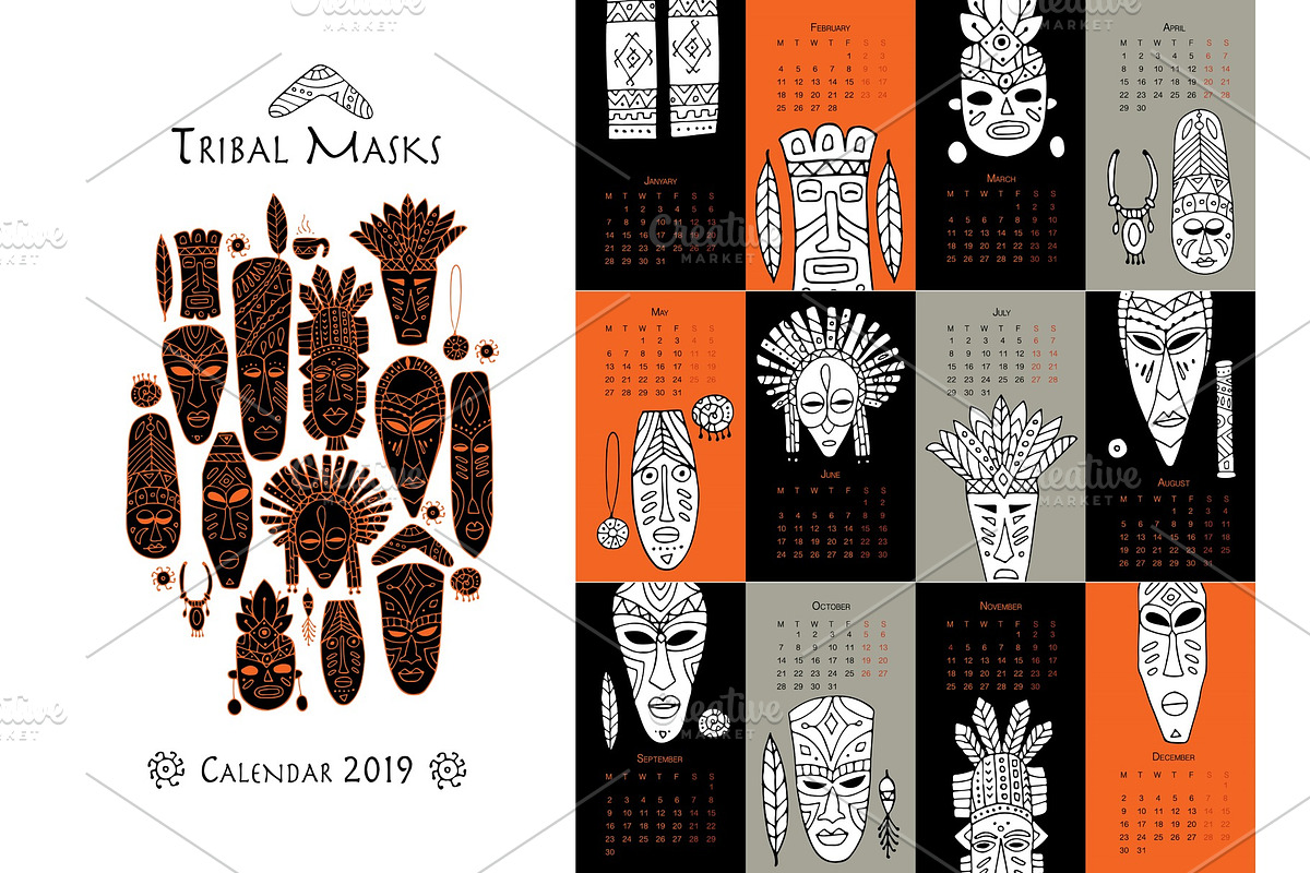 Tribal masks, calendar 2019 design in Textures - product preview 8