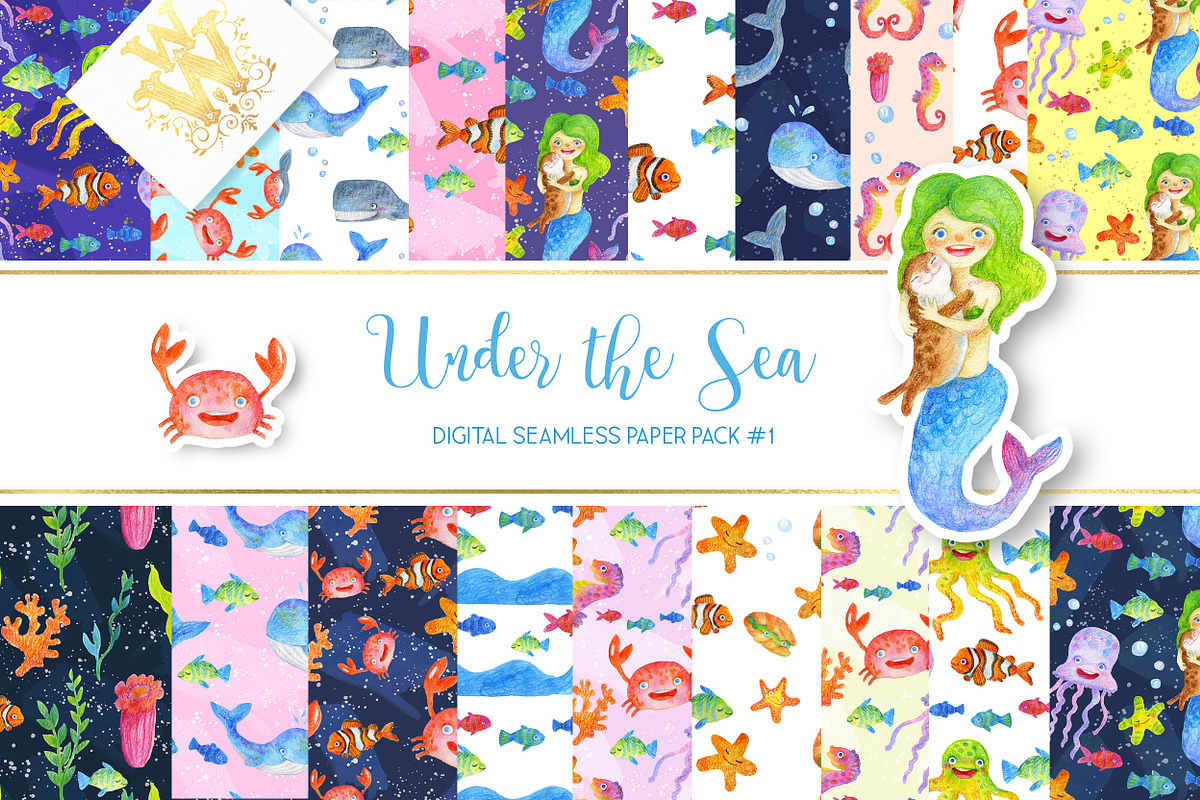 Watercolor sea digital paper in Patterns - product preview 8
