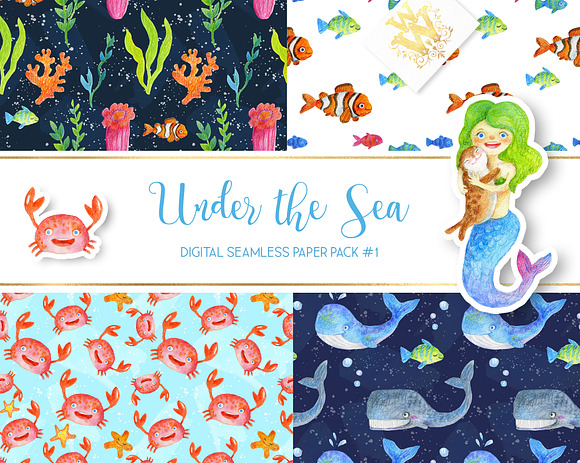 Watercolor sea digital paper in Patterns - product preview 1