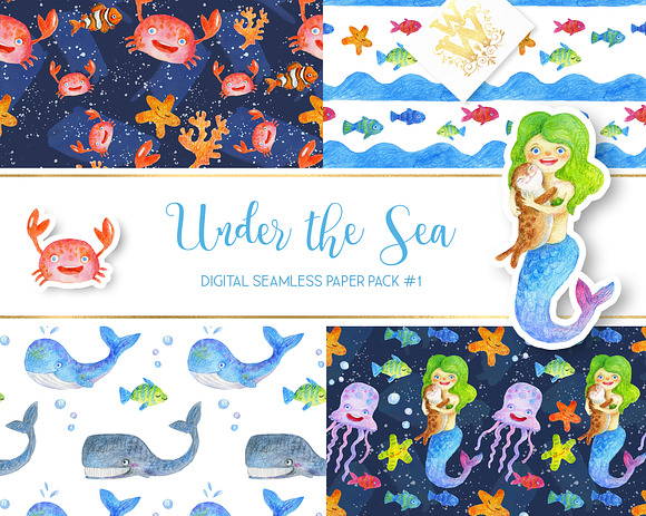 Watercolor sea digital paper in Patterns - product preview 2