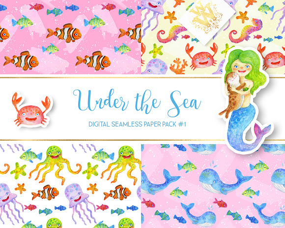 Watercolor sea digital paper in Patterns - product preview 3
