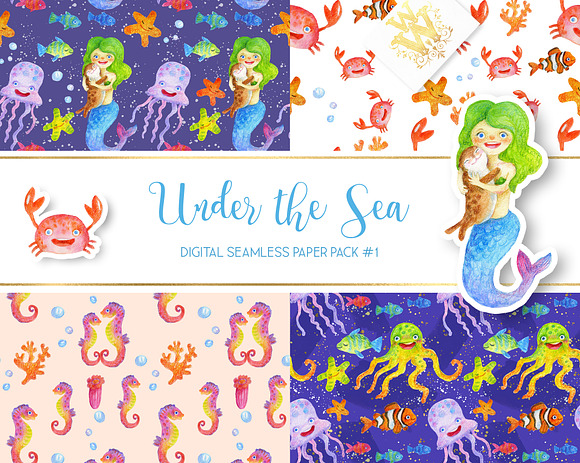 Watercolor sea digital paper in Patterns - product preview 4
