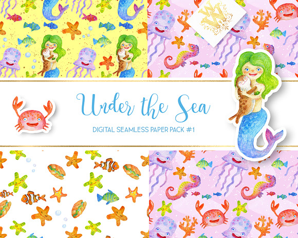 Watercolor sea digital paper in Patterns - product preview 5