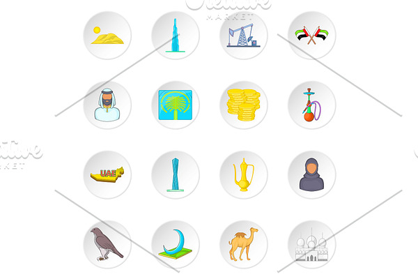 UAE icons set, cartoon style