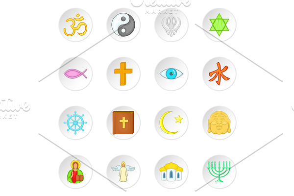 Religion symbols icons set, cartoon