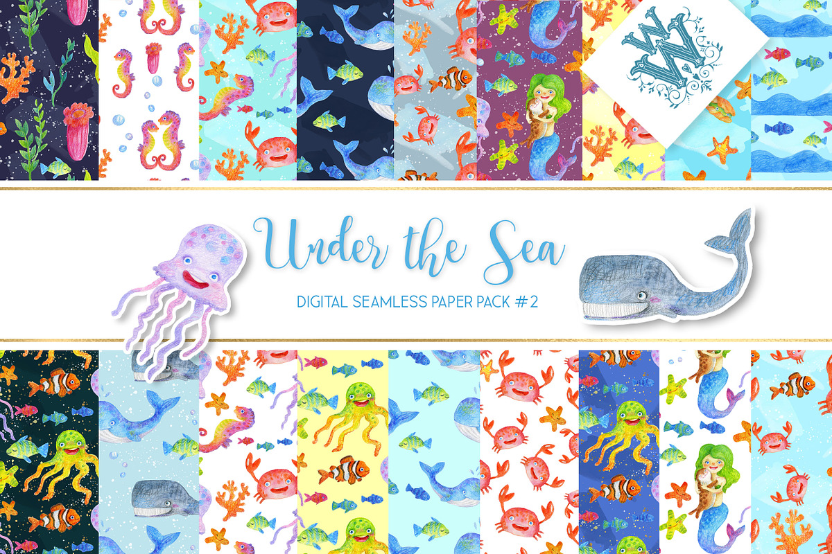 Sea animals digital paper pattern in Patterns - product preview 8
