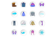 Winter clothes icons set, cartoon