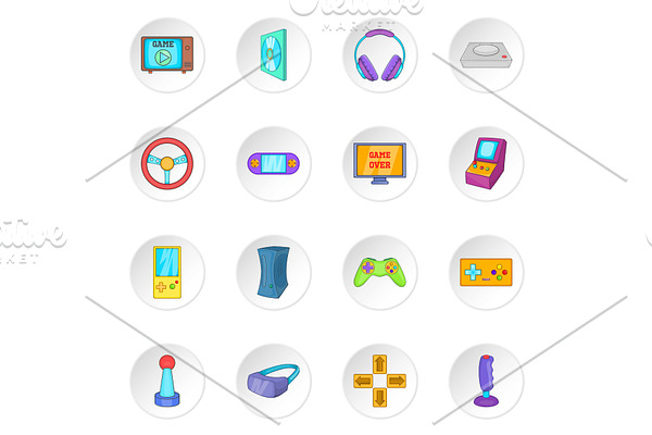 Video game icons set, cartoon style